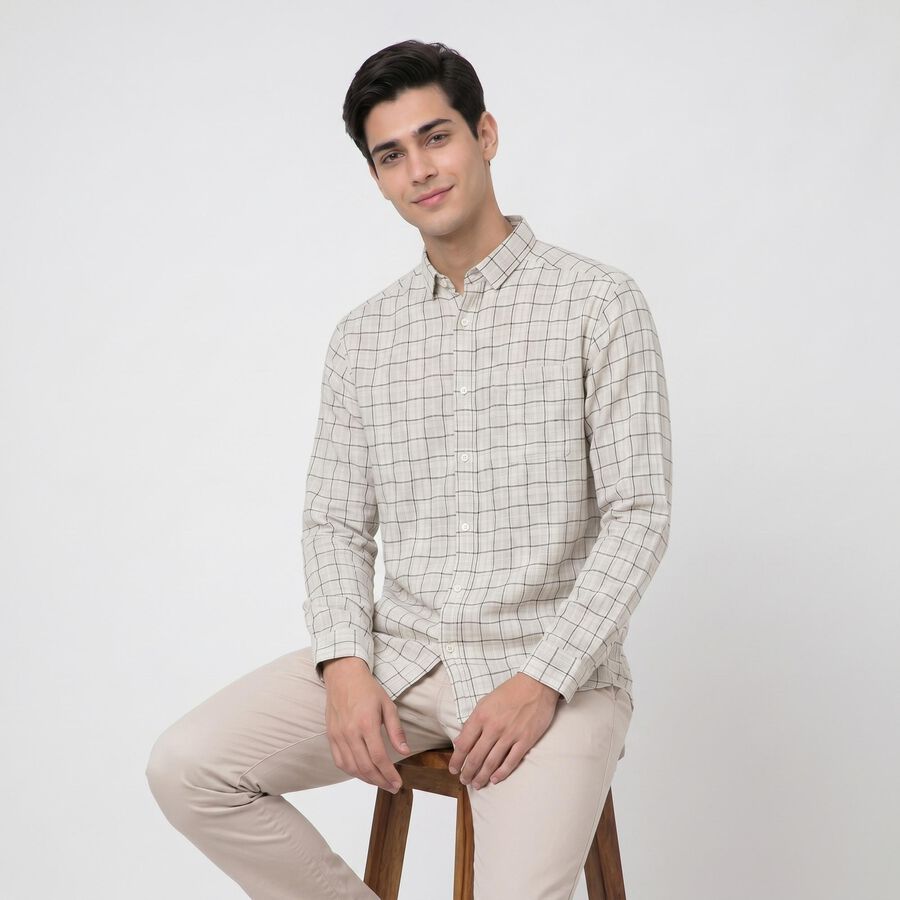 Men's Beige Cotton Long Sleeve Spread Collar Regular Fit Casual Shirt, Beige, large