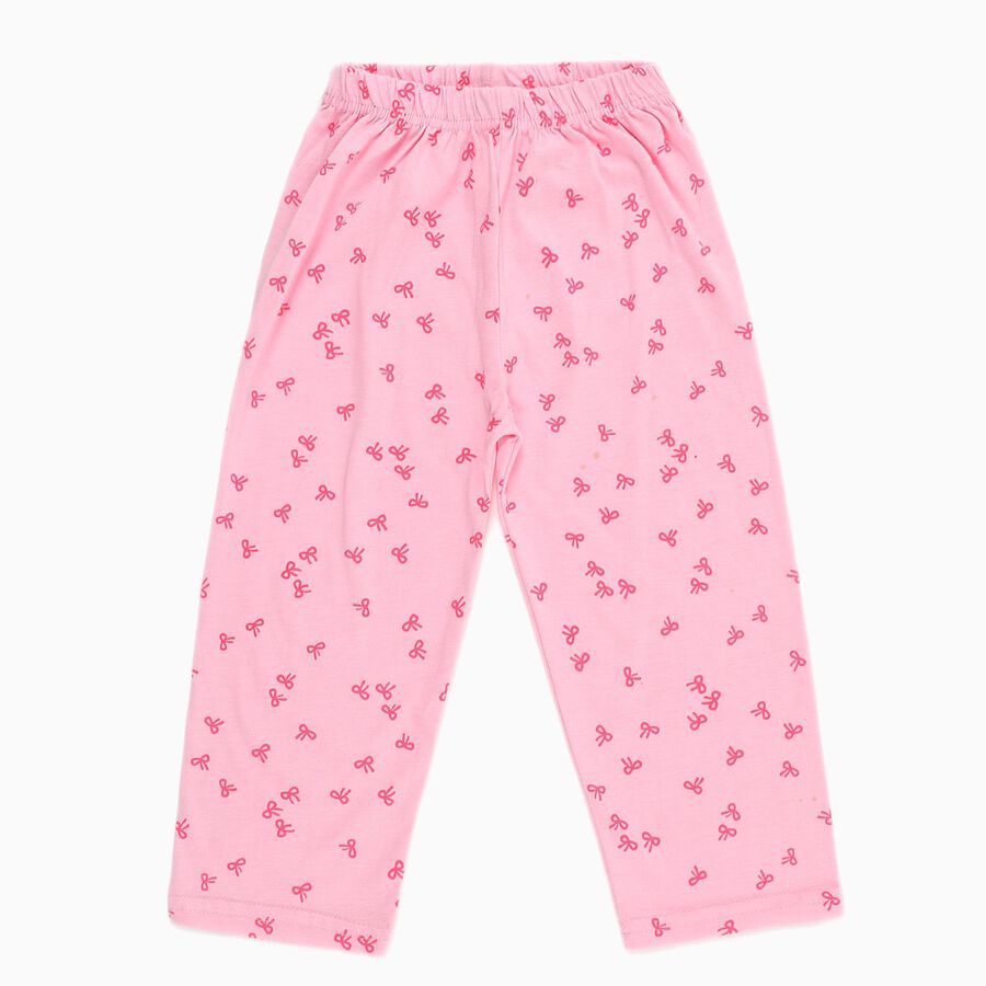 Girls' Light Pink Bow Printed Cotton Blend Pyjama, गुलाबी, large image number null