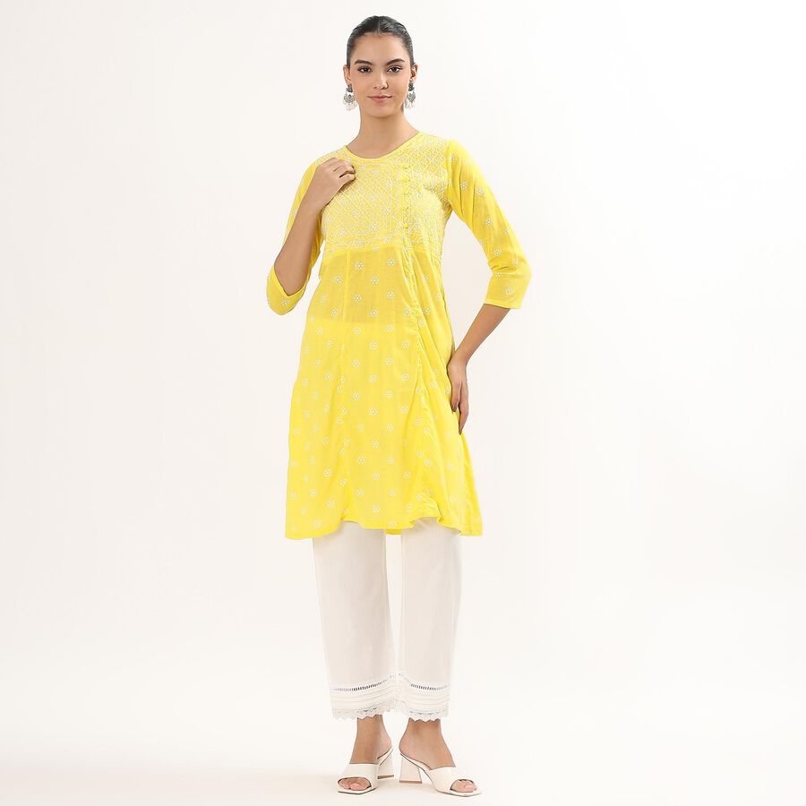 Women's Bright Yellow Round Neck Embroidered Kurta, Yellow, large image number null