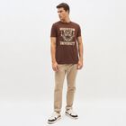 Men's Brown Round Neck Slim Fit Printed T-Shirt, Brown, small