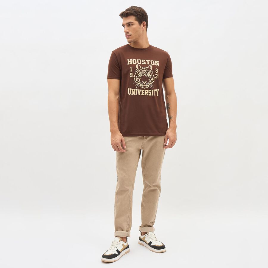 Men's Brown Round Neck Slim Fit Printed T-Shirt, Brown, large