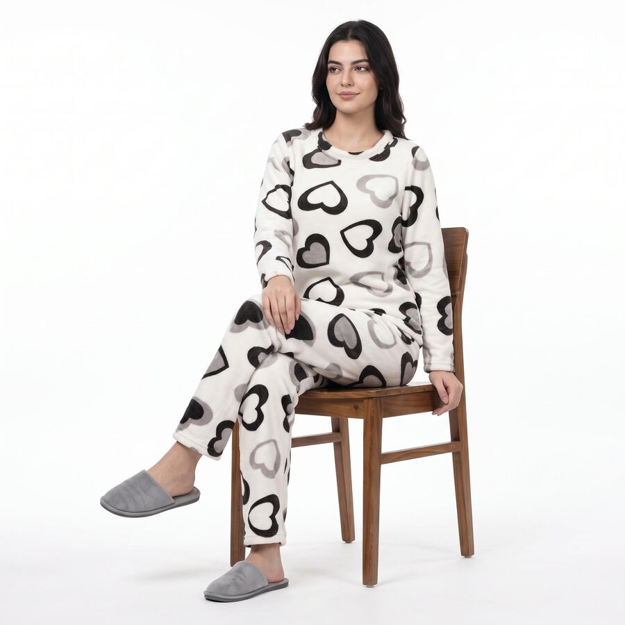 Women's White Heart Printed Relaxed Fit Pyjama Set , सफ़ेद, large