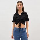 Women's Jet Black Cotton Collared Casual Crop Top, काला, small