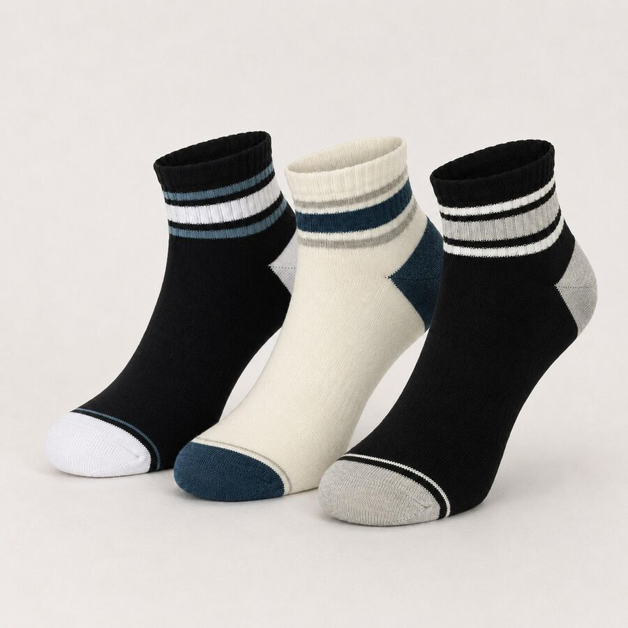 Men's Ankle Length Socks Pack of 3 ( Ecru, Black, Navy ), Black, large