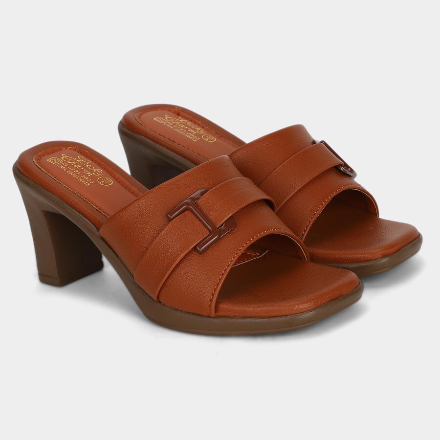 Women's Tan Slip-On Block Heel Sandals, Tan, large