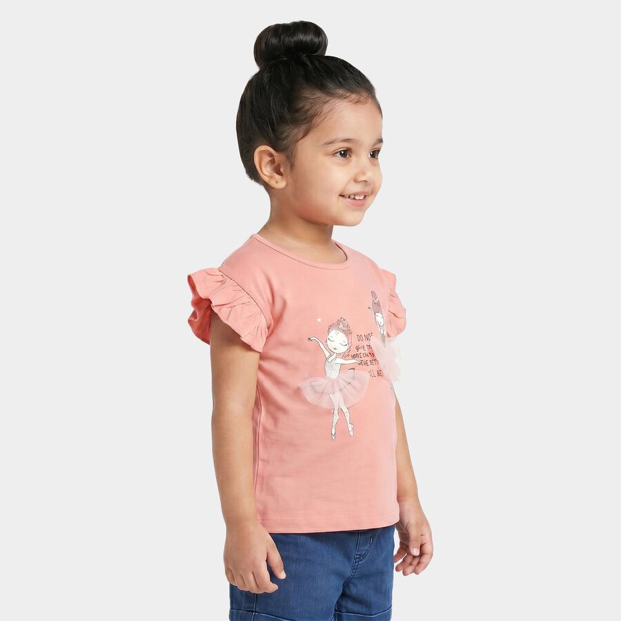 Girls' Light Pink Cotton Round Neck Regular T-Shirt, Light Pink, large
