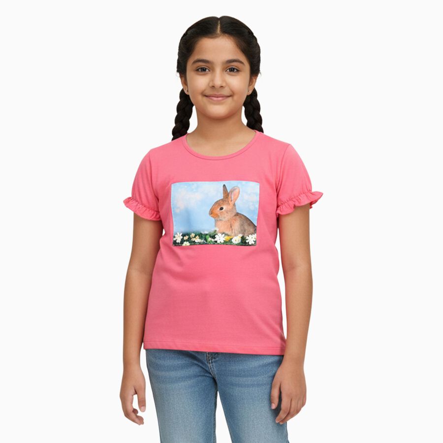 Girls Bright Pink Cotton Round Neck Casual T-Shirt, गुलाबी, large image number null