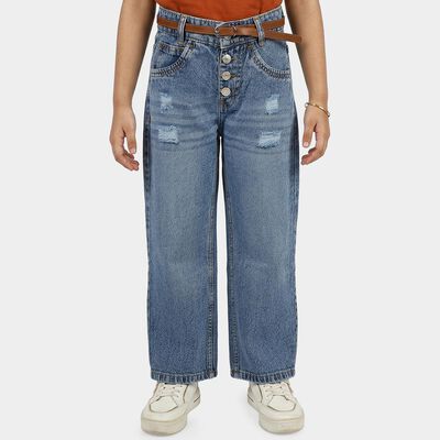 Girls' Blue Regular Fit Cotton Jeans