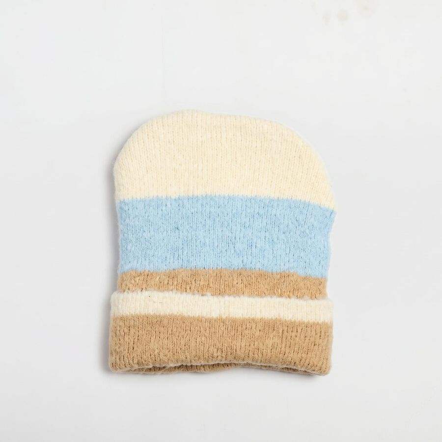 Women's Light Blue Striped Beanie Cap, हल्का नीला, large