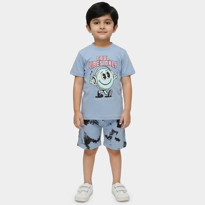 Boys Light Blue 100% Cotton Round Neck Graphic Printed Baba Suit