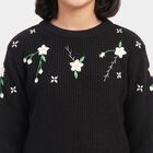 Girls Black Crew Neck Embroidered Pullover, काला, small