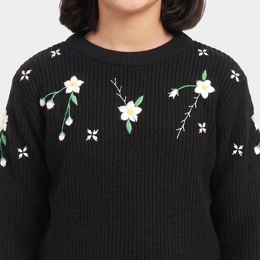 Girls Black Crew Neck Embroidered Pullover, काला, large
