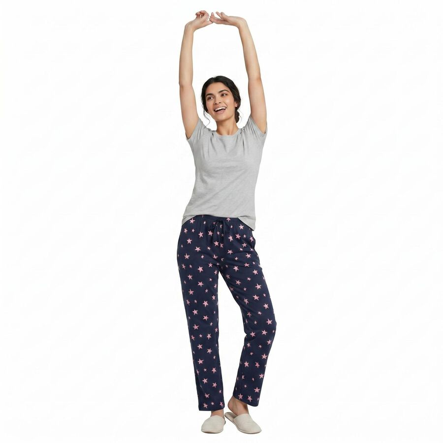 Women's Navy Blue Straight Fit Star Printed Pyjama, नेवी ब्लू, large
