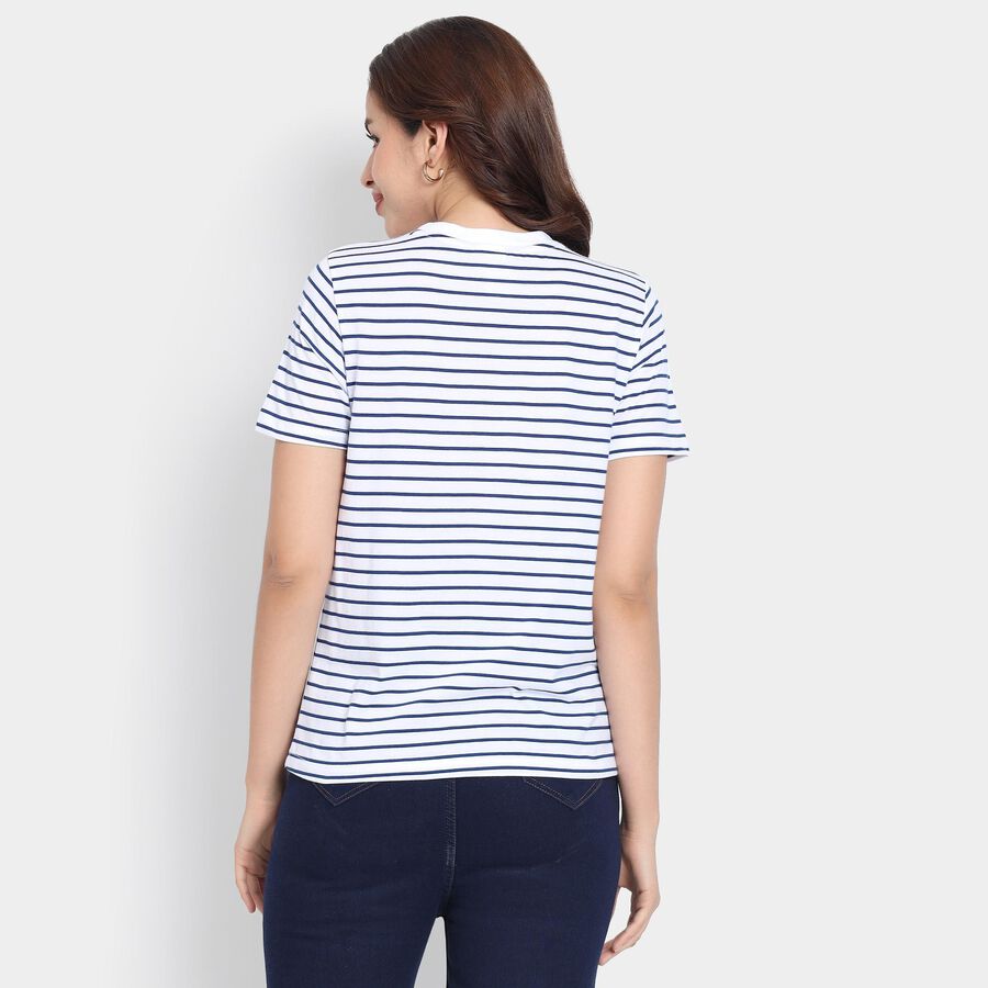 Ladies'  Stripes Round Neck T-Shirt, White, large image number null