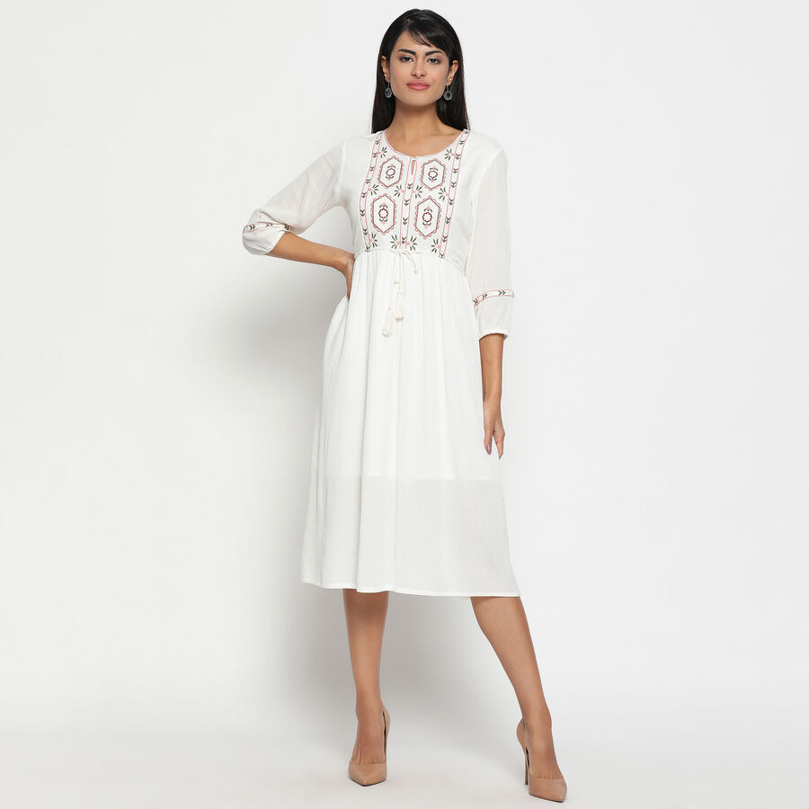 Embroidered Calf Length Dress, सफ़ेद, large image number null