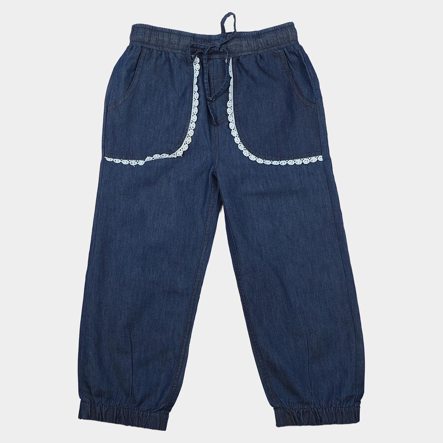 Girls Blue Jogger Fit Lace Trim Jeans, गहरा नीला, large