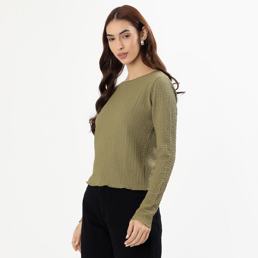 Women's Muted Olive Green Round Neck Casual Top, Olive, large image number null