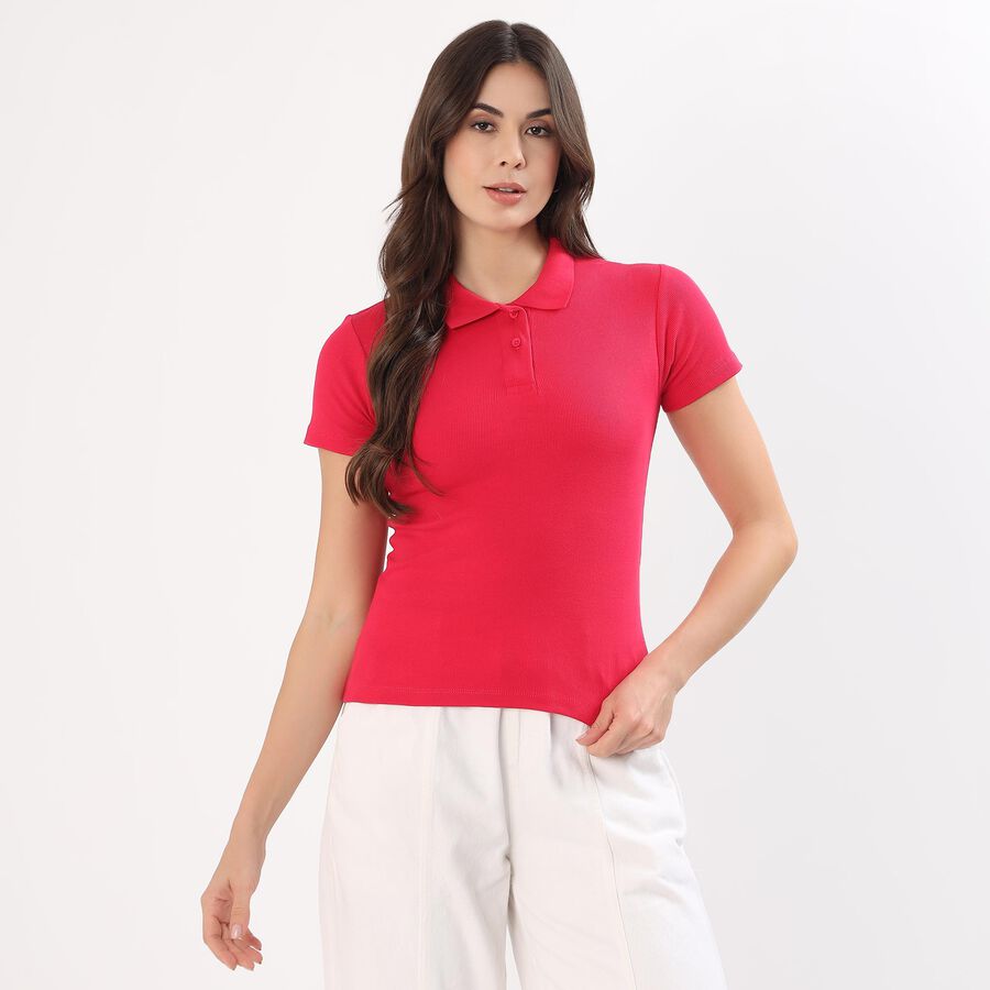 Women's Bright Fuchsia Polo Neck Casual T-Shirt, रानी (फ्यूशिया), large
