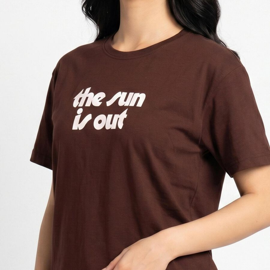 Women's Brown Round Neck Regular T-Shirt, Brown, large