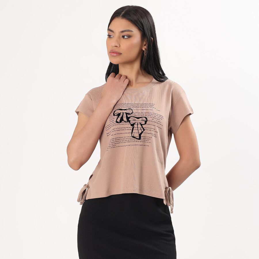 Women's Beige Cotton Round Neck Graphic T-Shirt, Beige, large