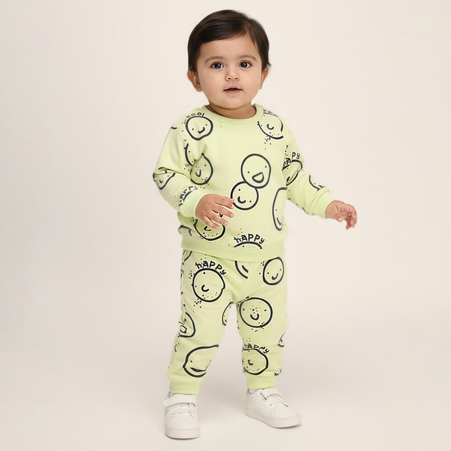 Infants' Light Green Round Neck Cartoon Printed Baba Suit, Light Green, large image number null
