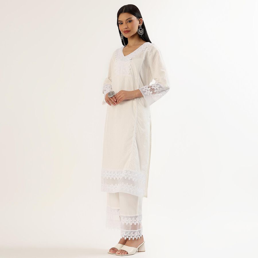 Women's White Cotton Embroidered Ethnic Set, Off White, large