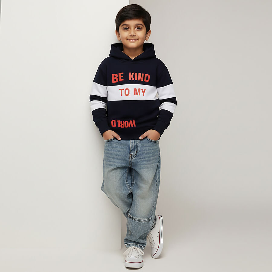 Boys Deep Midnight Navy Blue Hoodie Neck Casual Sweatshirt, Navy Blue, large image number null