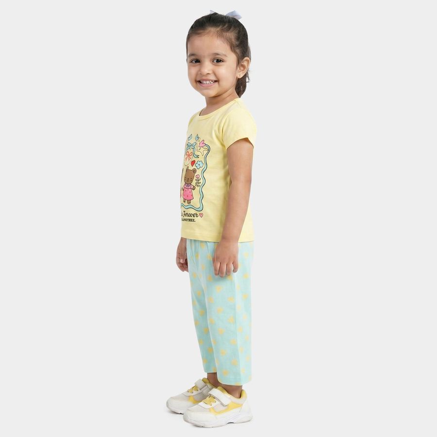 Girls Yellow Cotton Round Neck T Shirt and Capri Set, Yellow, large