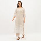Women's Muted Beige Round Neck Embroidered Kurta, गहरा पीला, small