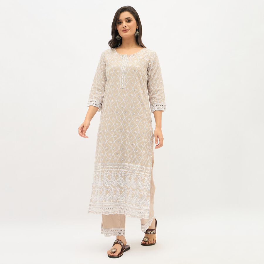 Women's Muted Beige Round Neck Embroidered Kurta, गहरा पीला, large
