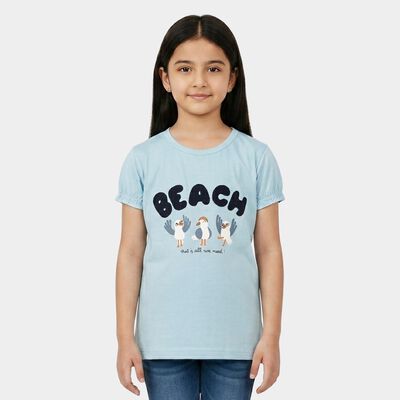 Girls Light Blue Cotton Round Neck Regular T-Shirt