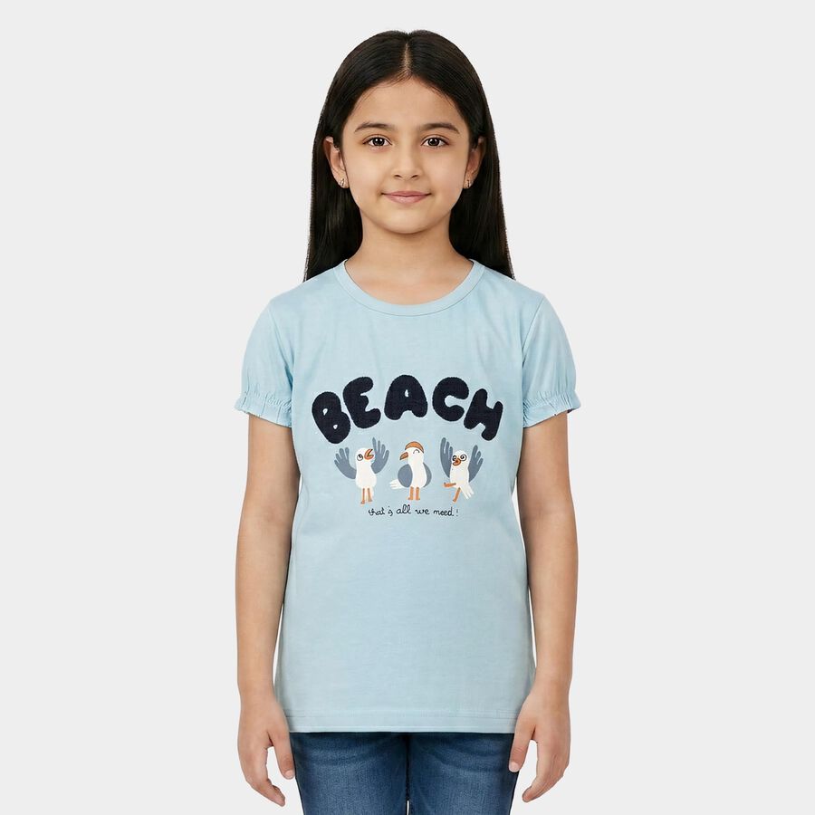 Girls Light Blue Cotton Round Neck Regular T-Shirt, Light Blue, large