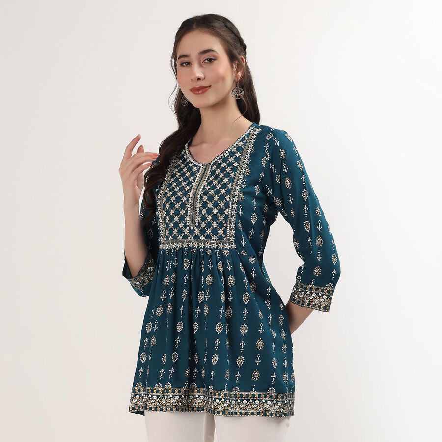 Women's Teal Mandarin Collar Self Design Straight Kurti, टील ब्लू, large
