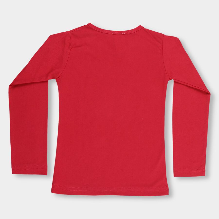 Girls' Bright Cherry Red Cotton Round Neck Casual Top, Fuchsia, large image number null