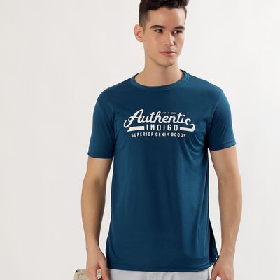 Men's Deep Midnight Navy Blue Round Neck Graphic T-Shirt