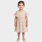 Girls' Cream Floral Printed Fit and Flare Cold Shoulder Frock, ऑफ व्हाइट, small