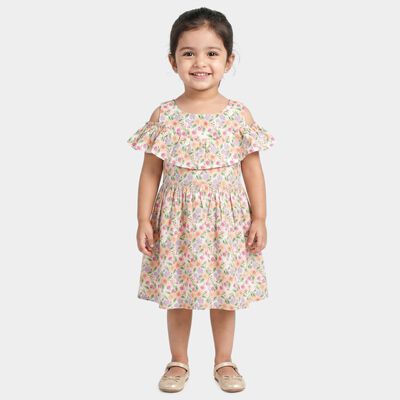 Girls' Cream Floral Printed Fit and Flare Cold Shoulder Frock