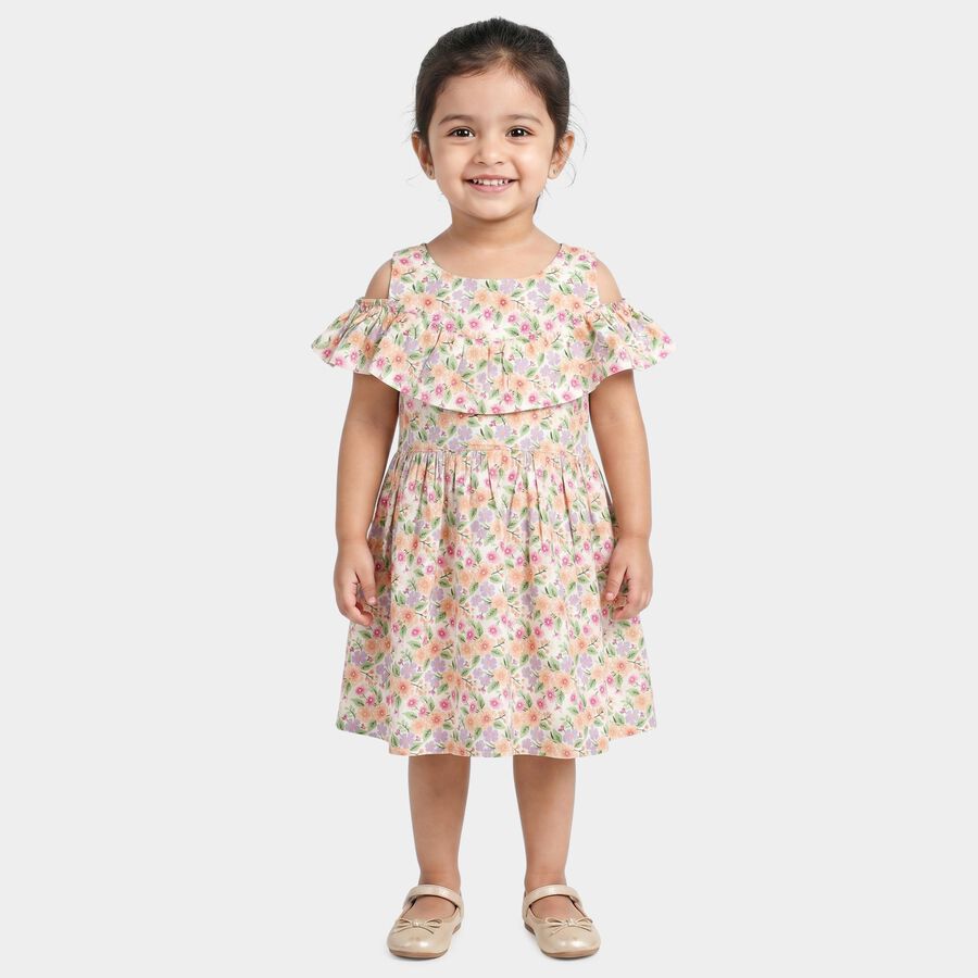 Girls' Cream Floral Printed Fit and Flare Cold Shoulder Frock, ऑफ व्हाइट, large
