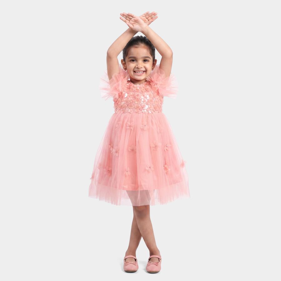 Girls' Light Pink Fit and Flare Sequin Applique Party Wear Frock, Light Pink, large