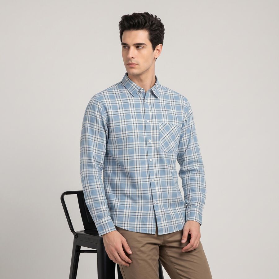 Men's Light Blue Cotton Long Sleeves Spread Collar Casual Shirt, मध्यम नीला, large