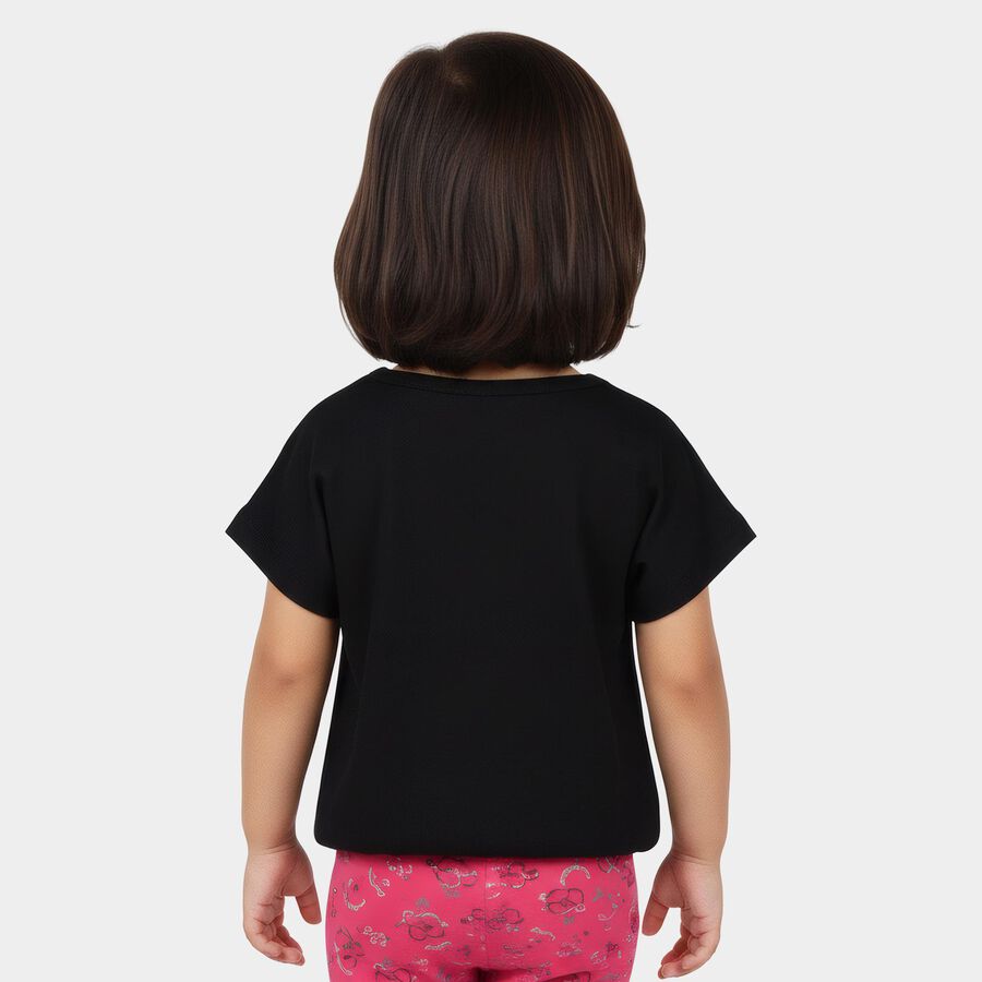 Girls Black Cotton Round Neck Casual T-Shirt, काला, large