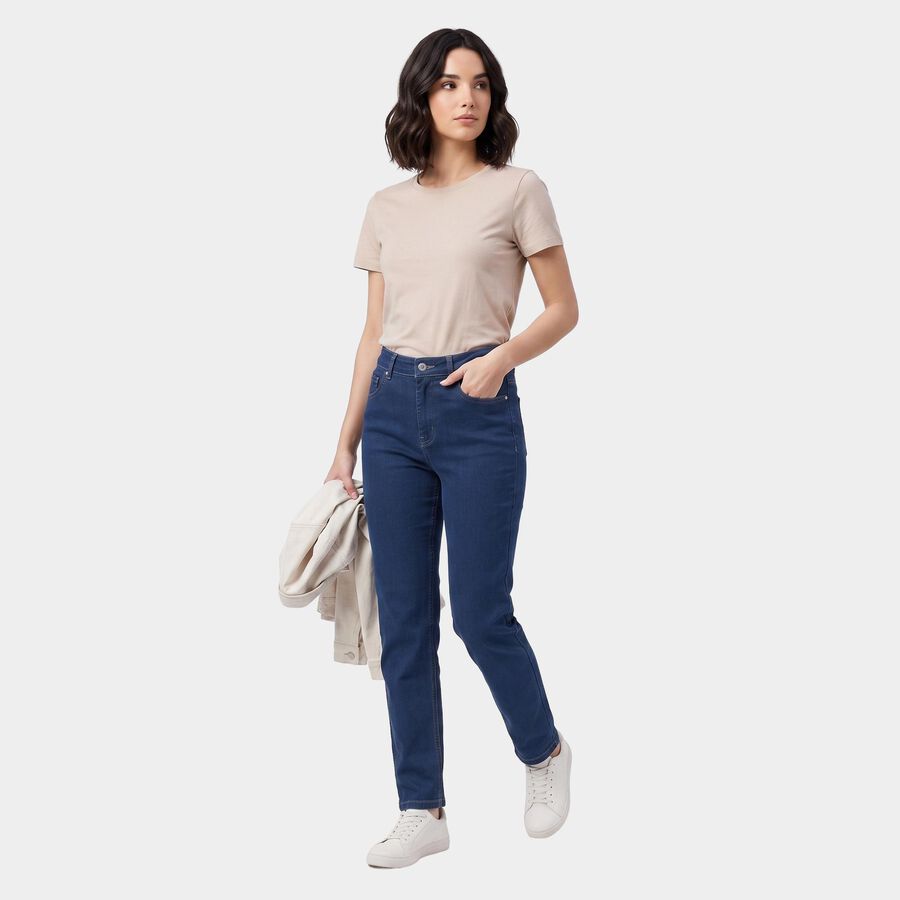 Women's Blue Straight Fit Clean Look Jeans, Mid Blue, large