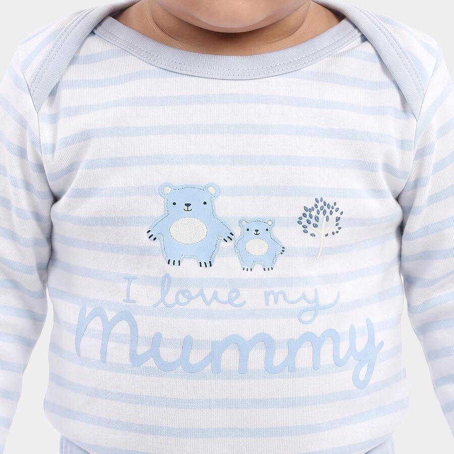 Infants' Light Blue 100% Cotton Round Neck Striped Baba Suit, Light Blue, large