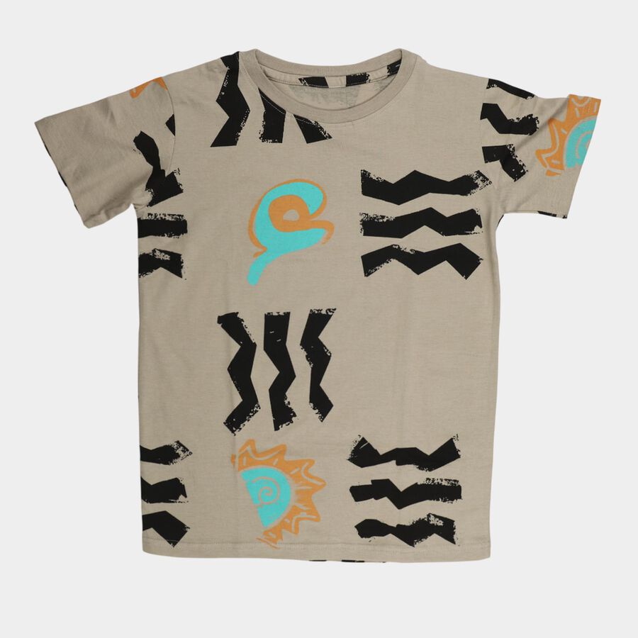 Boys Charcoal Cotton Round Neck Casual T-Shirt, चारकोल, large