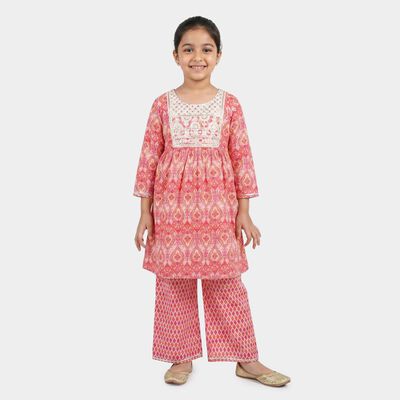 Girls Fuchsia Round Neck Fusion Set Upper and Bottom Set