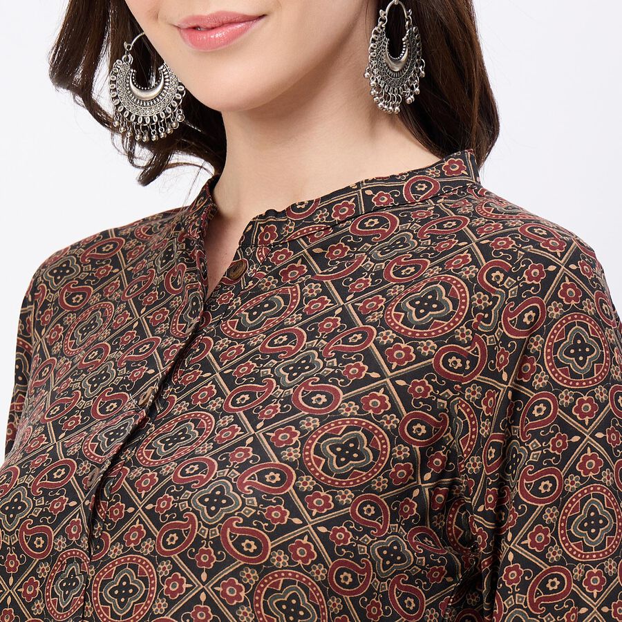 Women's Brown Notch Neck Printed Straight Kurti, भूरा, large