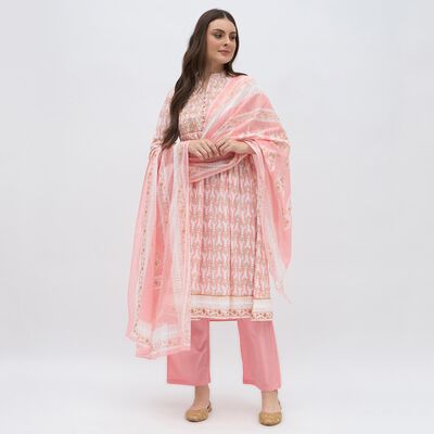 Women's Light Pink Cotton Round Neck Straight Kurta