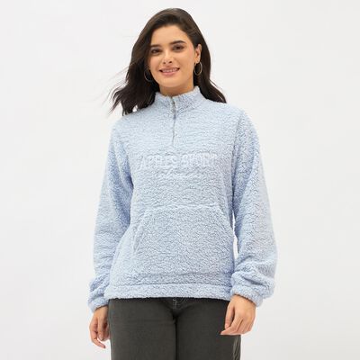 Women's Light Powder Blue High Neck Casual Sweatshirt