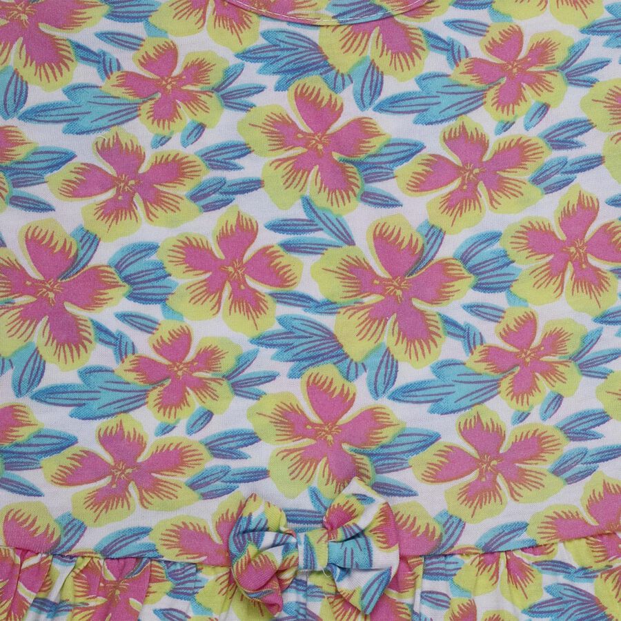 Girls' Pink Floral Printed Ruffled Sleeve Frock, Pink, large