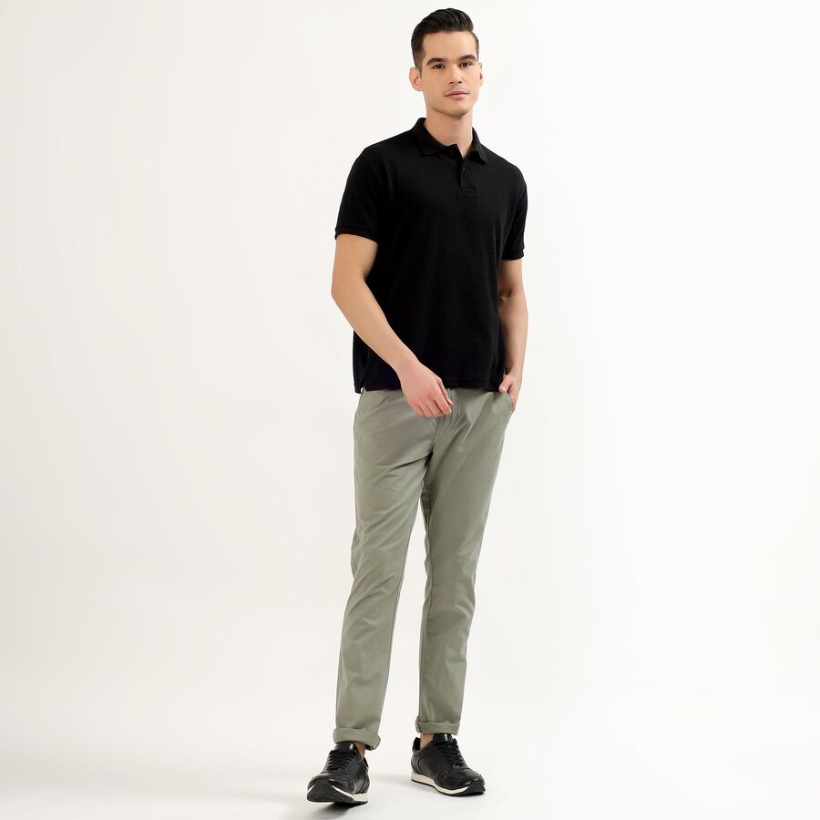 Men's Muted Olive Green Slim Fit Flat-Front Casual Trousers, Light Green, large